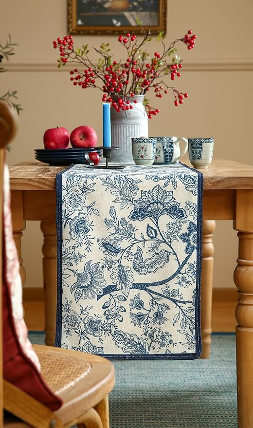 Designer Chinoiserie Elegant Linen Table Runner 87 Inches Long,Blue Floral Pattern Decor Table Runners for Thanksgiving,Dining Room,Banquet,Kitchen Tables,Christmas,12"*87"-Ruyi B