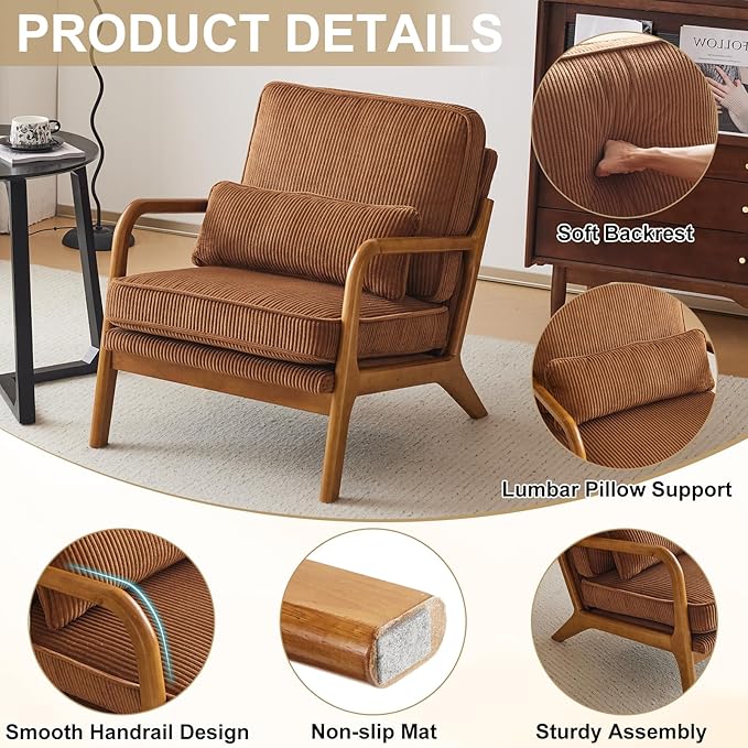 Karl home Mid-Century Modern Accent Chair, Living Room Chairs with Pillow Corduroy Upholstered Lounge Armchair with Solid Wood Frame & Soft Cushion for Bedroom, Reading Room, Brown