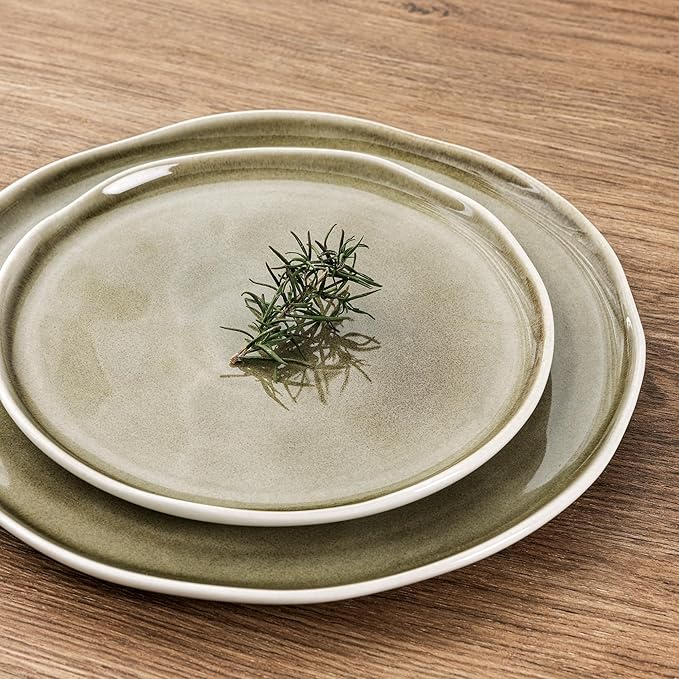 LERATIO Ceramic Dinnerware Sets for 6,Porcelain Plates and Bowls Sets with Wavy Edge,Microwave & Dishwasher & Oven Safe,Light Weight & Scratch Resistant Dishes Sets-Olive Green