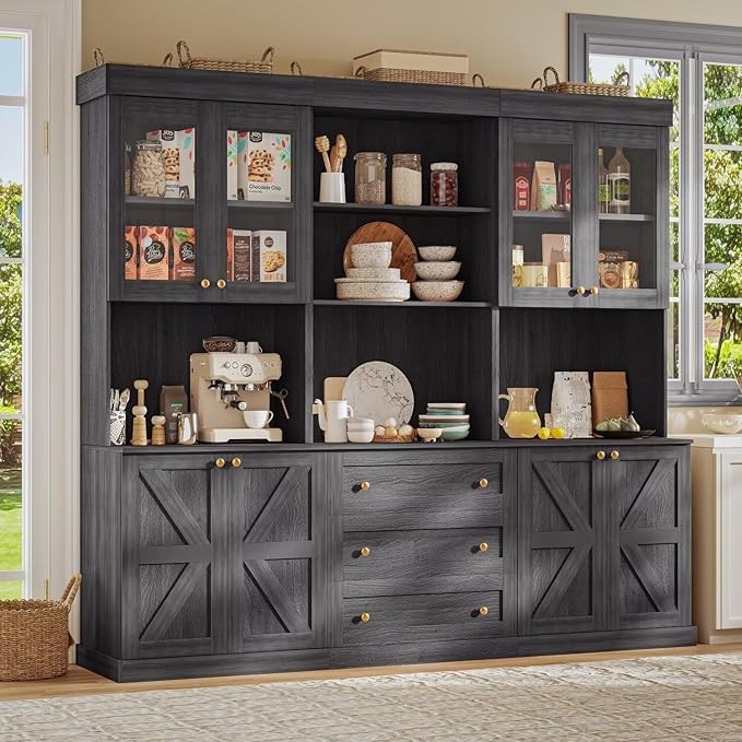 71" Black Farmhouse Kitchen Pantry Cabinet Set of 3— Freestanding Coffee Bar with Glass Doors or Drawers, Microwave Stand, Large Storage Hutch with Adjustable Shelves for Kitchen, Living Room
