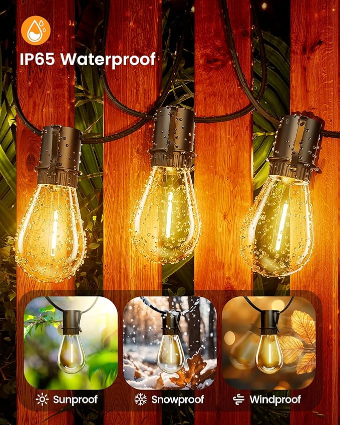 Torkase 50FT Outdoor String Lights LED, S14 Shatterproof Bulbs (15+1), Waterproof Dimmable Patio Lights for Backyard, Porch, Garden - Connectable Commercial Grade