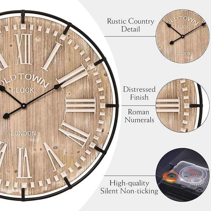 Large Wall Clock –30 Inch Farmhouse Clock -Extra Large 30 Inch Wood and Metal Wall Clock, Silent and Battery Operated for Living Room, Kitchen and Office Decor