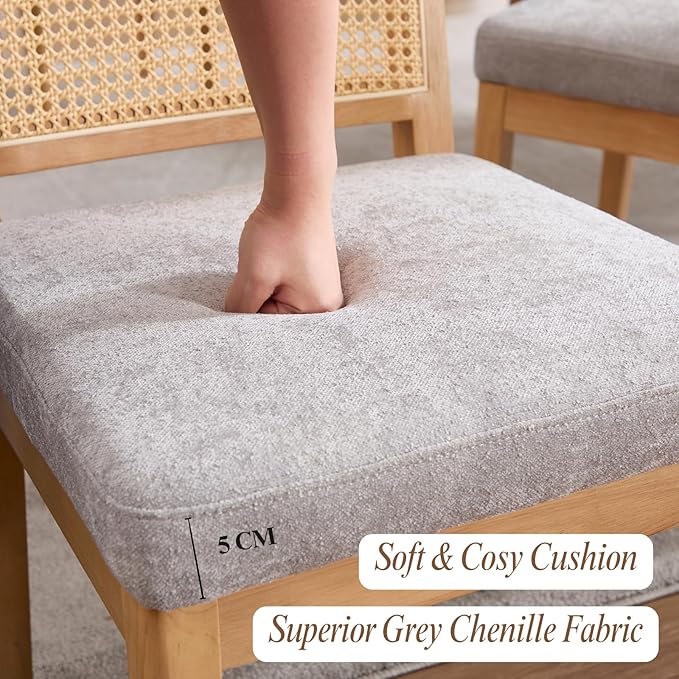 LukeAlon Farmhouse Rattan Dining Chairs Set of 2, Mid Century Modern Chenille Kitchen & Dining Chairs with Solid Wood Legs, Woven Cane Upholstered Kitchen Chairs Side Chairs for Dining Room, Grey