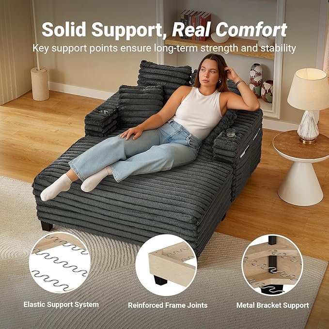 Chaise Lounge Chair Indoor, 64" Oversized Sleeper Chair with Wood Frame, Upholstered Sofa Bed for Living Room, Movie Room, Bedroom with 4 Storage Pockets&2 Cup Holders(Plush Corduroy, Grey)