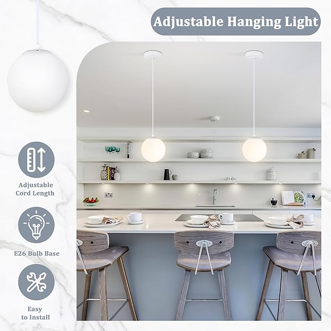KoKo&Yukina 6 Inch Globe Pendant Light White Globe Pendant Lights Kitchen Island Mid Century Light Fixture with Milky White Glass Shade for Dining Room Living Room