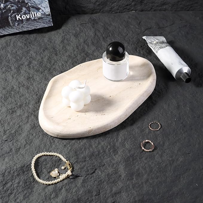 BCS Marble Jewelry Tray Trinket Dish, Decorative Cloud Vanity Key Tray for Women, Perfume Ring Holder Dish for Ring Earring, Cute Jewelry Plate Bowl Aesthetic Room Decor（Beige Travertine）