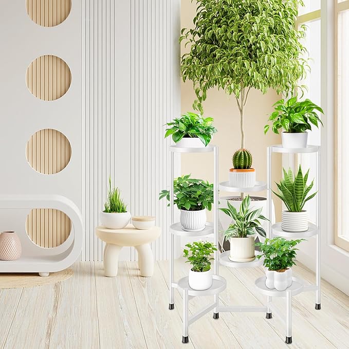 8 Tier Plant Stand Indoor Tall, Tiered Plant Stands Outdoor for Multiple Plants, Corner Metal Folding Flower Display Holders Rack Shelf for Living Room Balcony Garden, Cream White
