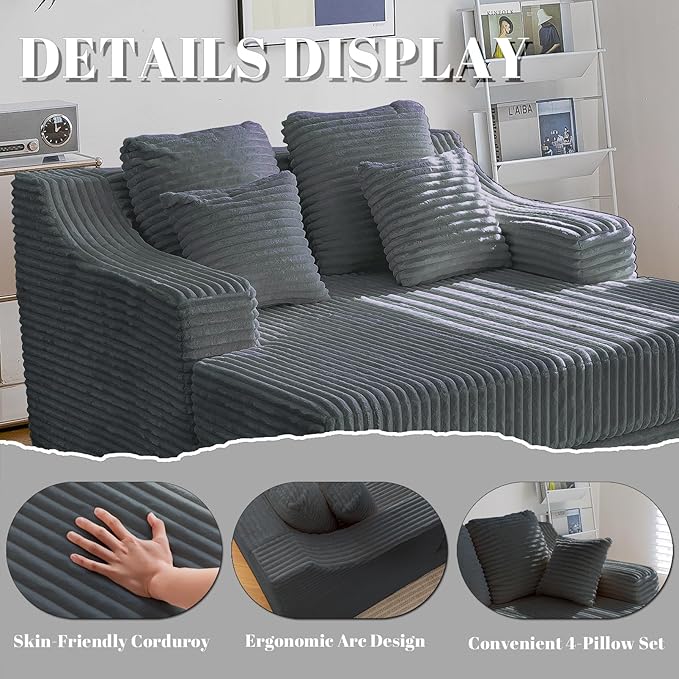 Chaise Lounge Sofa Chair Indoor Cozy Sofa Bed Oversized with Four Pillow Fluffy Upholstered Sleeper Sofa Chair for Living Room Bedroom Office Liesure No Assembly Required（Grey）