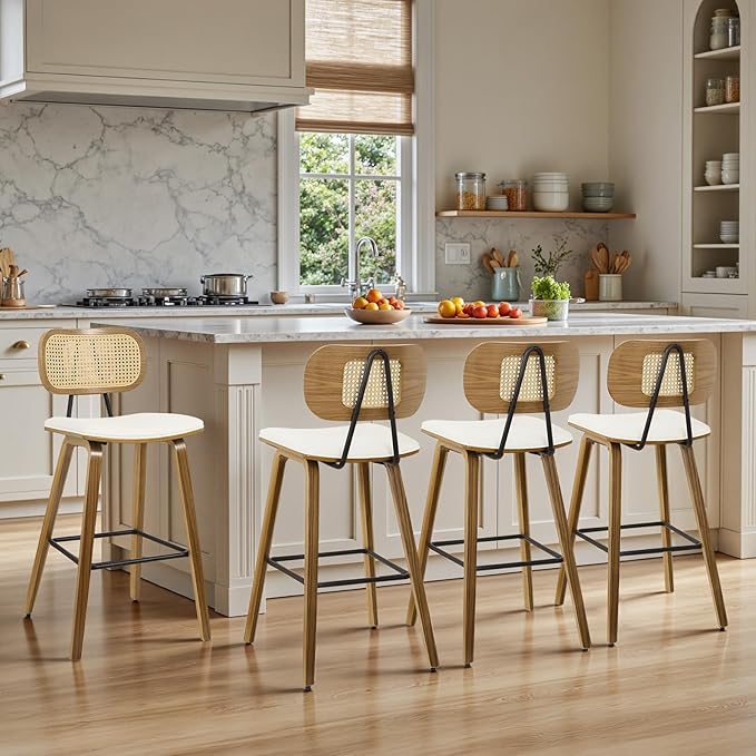 Counter Height Bar Stools Set of 4, 26" Mid Century Modern Rattan Bar Stools for Kitchen Counter PU Leather Upholstered Barstool with Wood Legs, Counter Height Island Stool Chair, Cream White & Walnut