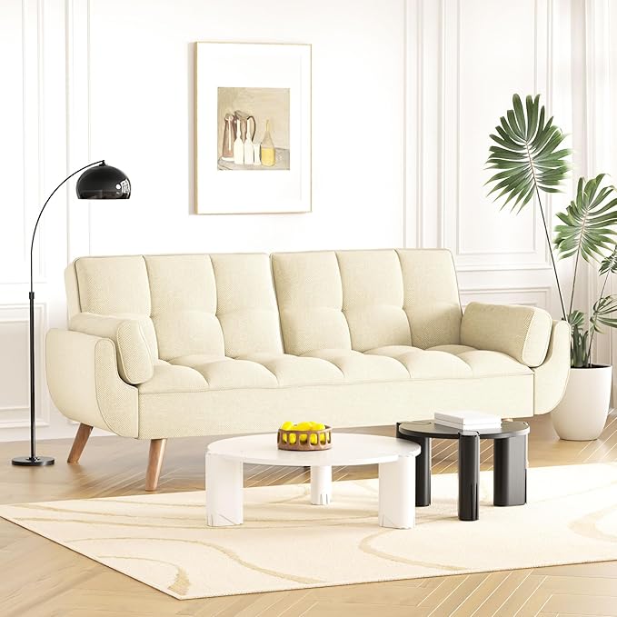 Futon Couch for Small Spaces & Apartment, 2-in-1Modern Comfy Loveseat Convertible Sofa Bed, 75.4-Inch Compact Design for Living Room, Dorms, and Studios-Ivory