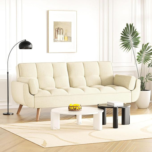 Futon Couch for Small Spaces & Apartment, 2-in-1Modern Comfy Loveseat Convertible Sofa Bed, 75.4-Inch Compact Design for Living Room, Dorms, and Studios-Ivory