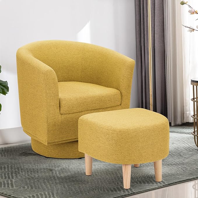 DAZONE Swivel Accent Chair Set of 2 with Ottoman, Modern Upholstered Barrel Armchairs with 360° Swivel Base, Comfortable Club Chairs for Living Room, Bedroom, Reading Nook, Yellow