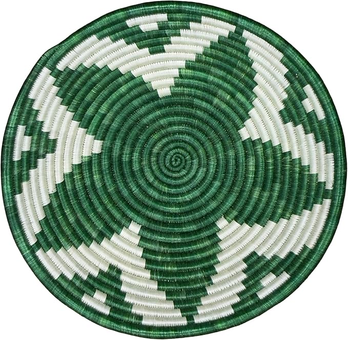 Handwoven African Basket Handmade sisal Fruit Bowl Wall Hanging decorative Baskets for Home Living Room Kitchen Centerpiece Zen Designs Arts and Crafts (Forest Green White, 8in diameter)
