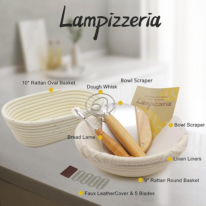 Round & Oval Rattan Banneton Basket Gift Kit with Accessories - Sourdough Bread Proofing Supplies (9" & 10", Liners, Scrapers, Lame) Natural for Home Bakers