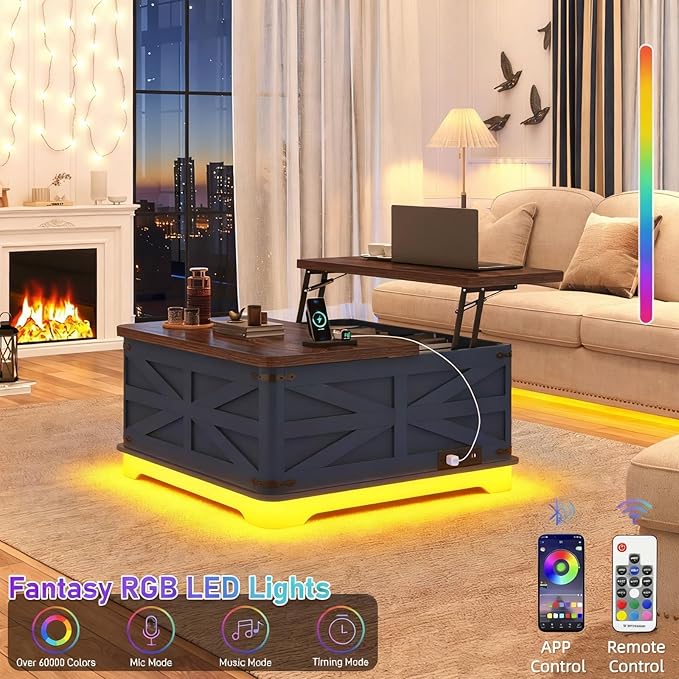 36" Farmhouse LED Lift Top Coffee Table with Storage and Power Outlets, Square Wood Living Room Tables with LED Lights & Large Hidden Space, Lift Wooden Barn Door Center Table, Navy Blue