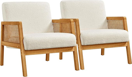 Yaheetech Boucle Fabric Accent Chair, Vintage Rattan Vanity Chair with Wood Armrest and Legs for Living Room Bedroom Makeup Room, Ivory, 2 pcs