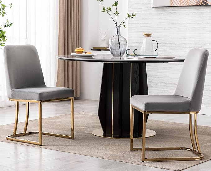 VESCASA Velvet Upholstered Dining Chairs with Back, Mid Century Modern Dining Chairs with Gold Metal Frame for Dining Room, Restaurant, Kitchen, Set of 2, Grey