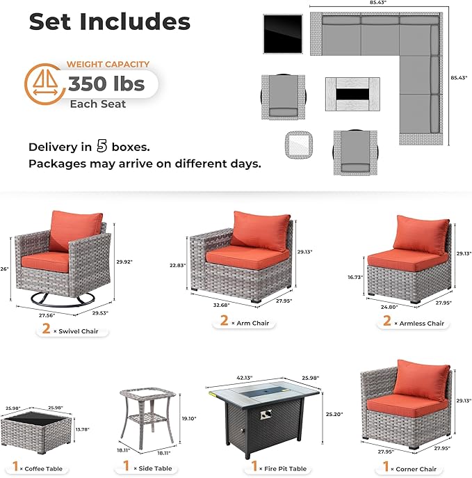 ovios 10 Pieces Patio Furniture Set, Outdoor Wicker Sectional Sofa with 42" Fire Pit Table Swivel Chairs, Modern Modular Deep Seat Rattan Couch Conversation Sets, Orange Red