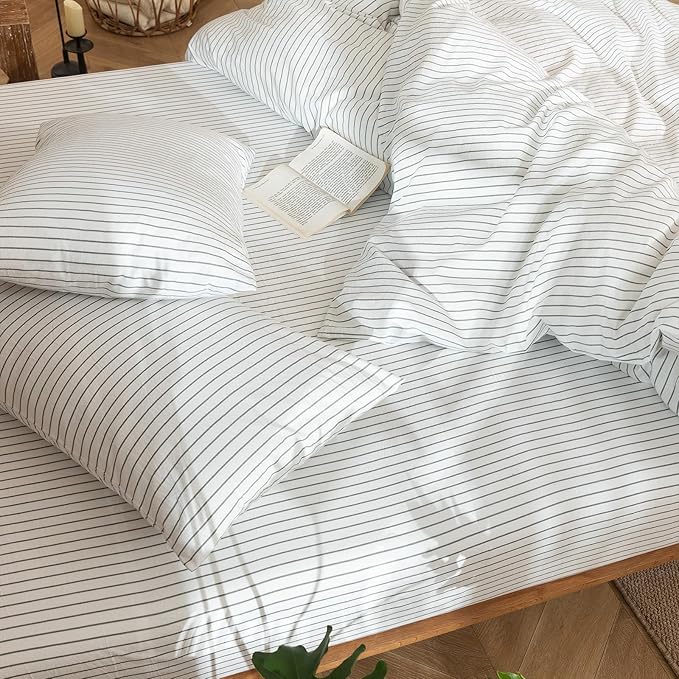 MooMee Striped Duvet Cover Set 100% Washed Cotton Linen Like Textured Breathable Durable Soft Comfy (White Heathered Green Wide Stripes, Oversized Queen 98"x98")