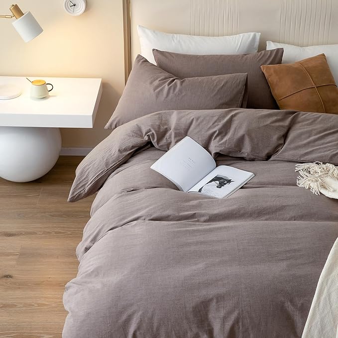 JIYUAN 100% Washed Cotton Duvet Cover Set 3 Pieces King, 1 Duvet Cover 104x90 Inches(Comforter Not Included) and 2 Pillowcases,Linen Feel Bedding Set Comfy and Breathable, Heathered Mauve Brown