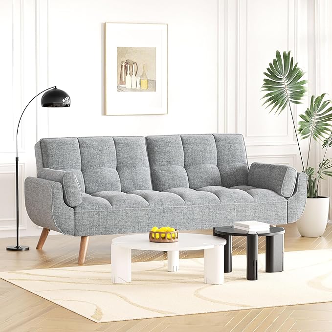 Futon Couch for Small Spaces & Apartment, 2-in-1Modern Comfy Loveseat Convertible Sofa Bed, 75.4-Inch Compact Design for Living Room, Dorms, and Studios-Grey