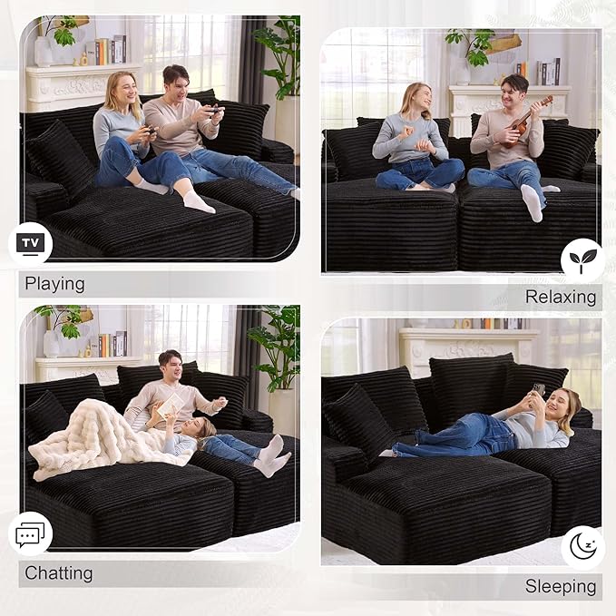 GNIXUU 78.8" Oversized Double Boneless Chaise Lounges Sofa Indoor, Comfy Modern Corduroy Compressed Cloud Couch, Upholstered Sleeper Loveseat Bed for Living Room Bedroom Apartment(Black)