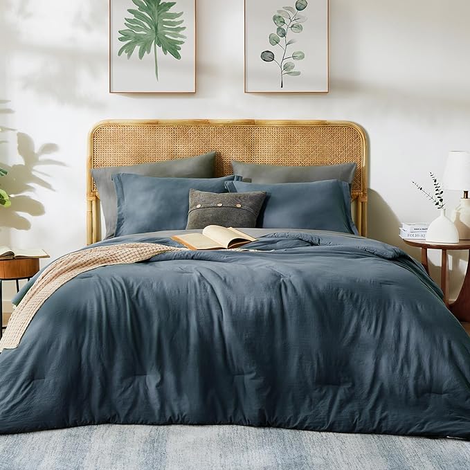 WRENSONGE King Size Comforter Set- 7 Pieces Blue Grey Bed in a Bag King with Fitted Sheet, Flat Sheet, 2 Pillow Shams, and 2 Pillowcases-Warm King Bedding Set for All Season