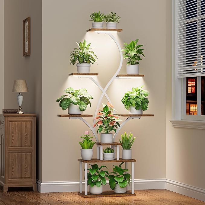 Plant Stand Indoor with Grow Lights - 62" Tall Plant Shelf Indoor, Lighted Corner Plant Stands for Indoor Plants, 8 Tiered Flower Spike-Shaped Rack for Living Room, Patio, Balcony Decor（White)