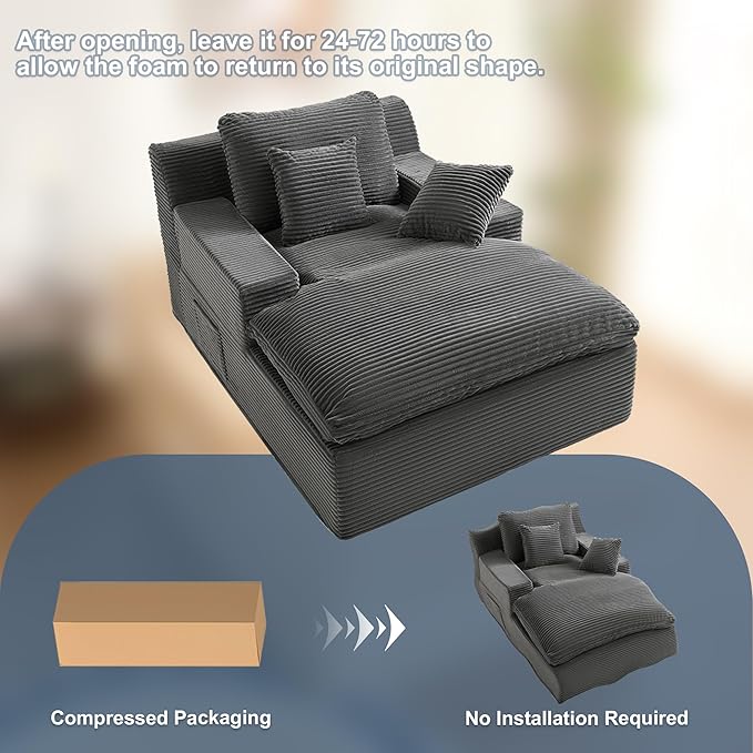 63" Oversized Chaise Lounge Chair Indoor, Extra Cloud Layer, Convertible Sleeper Sofa Couch with Removable Pillows & Side Pockets, Corduroy Upholstered Sofa Bed with Armrests for Living Room, Grey