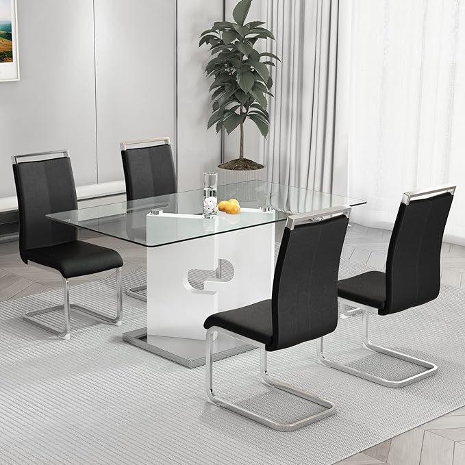 Glass Dining Table Set of 4, 63" Dinner Room Glass Table Set for 4, Modern Kitchen Dinner Table Set with 4 Upholstered Faux Leather Dining Chairs for Living Dining Office Room