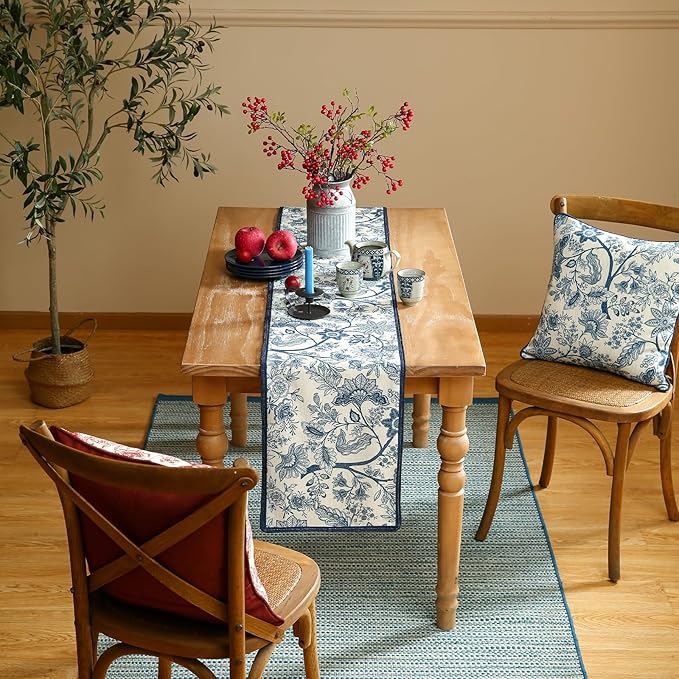 Designer Chinoiserie Elegant Linen Table Runner 87 Inches Long,Blue Floral Pattern Decor Table Runners for Thanksgiving,Dining Room,Banquet,Kitchen Tables,Christmas,12"*87"-Ruyi B