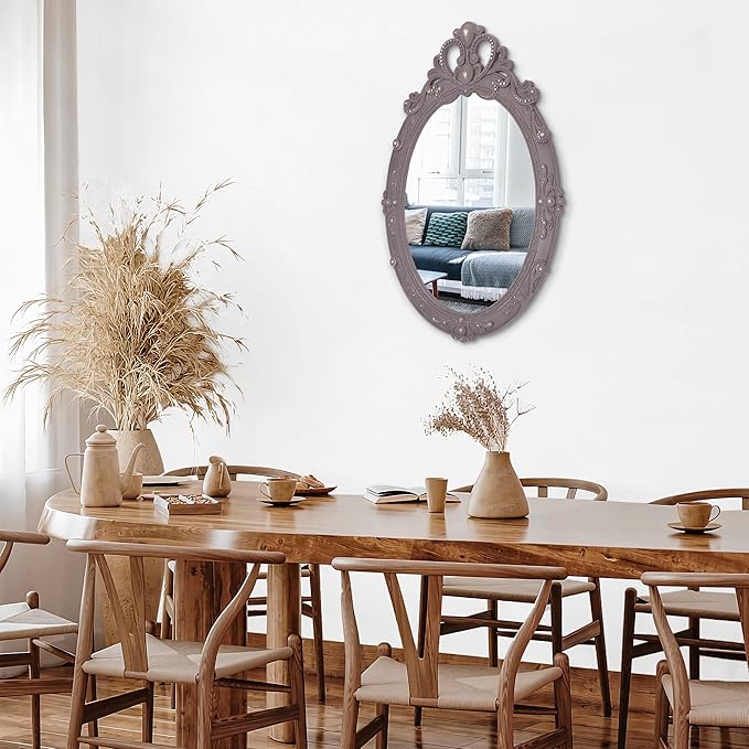 Brown Rustic Mirrors for Wall Vintage Carved Oval Wood Framed Mirror Decorative Wall Hanging Mirror for Bedroom Living Room Bathroom 24 x 16 inch