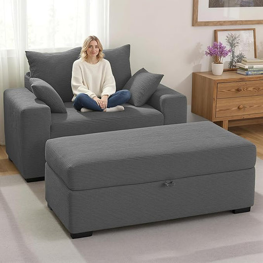 Indoor Chaise Lounge Chair with Storage Ottoman, Modern 60-Inch Lounge Sofa Chair with Wide Armrests & 4 Pillows, Oversized Comfy Reading Lounger for Living Room, Bedroom（Medium-Rib Corduroy Grey）