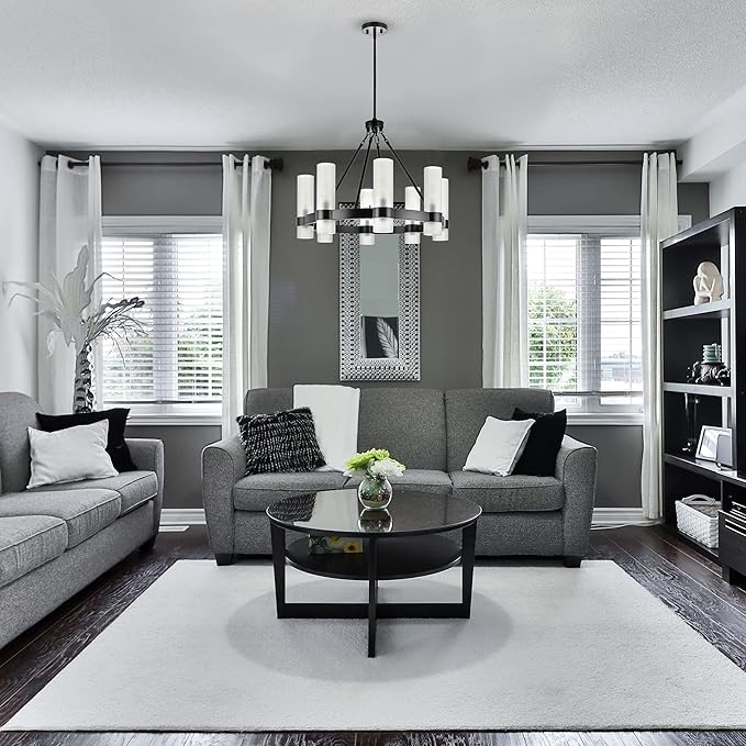 Linea di Liara Teramo Matte Black Chandelier Dining Room Light Fixture Small Wagon Wheel Chandelier Round Industrial Modern Farmhouse Chandeliers for Dining Room Foyer, Frosted Glass, UL Listed