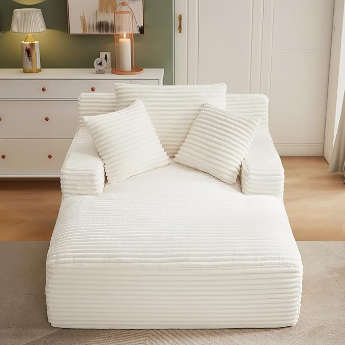 Boneless Couch Sofa Chiar Chaise Lounge Chair Indoor Upholstered Corduroy Couch Cloud Sleeper Sofa Oversized Reading Chair for Living Room No Assembly Required (White, 50" W x 67" D)