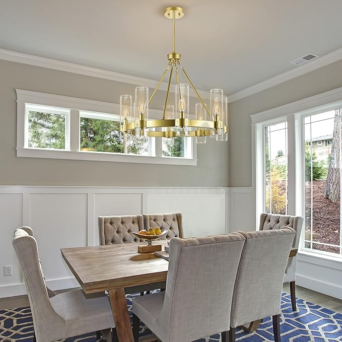 Linea di Liara Teramo Gold Chandelier Dining Room Light Fixture Small Wagon Wheel Chandelier Round Industrial Modern Farmhouse Chandeliers for Dining Room Foyer, Clear Glass, UL Listed