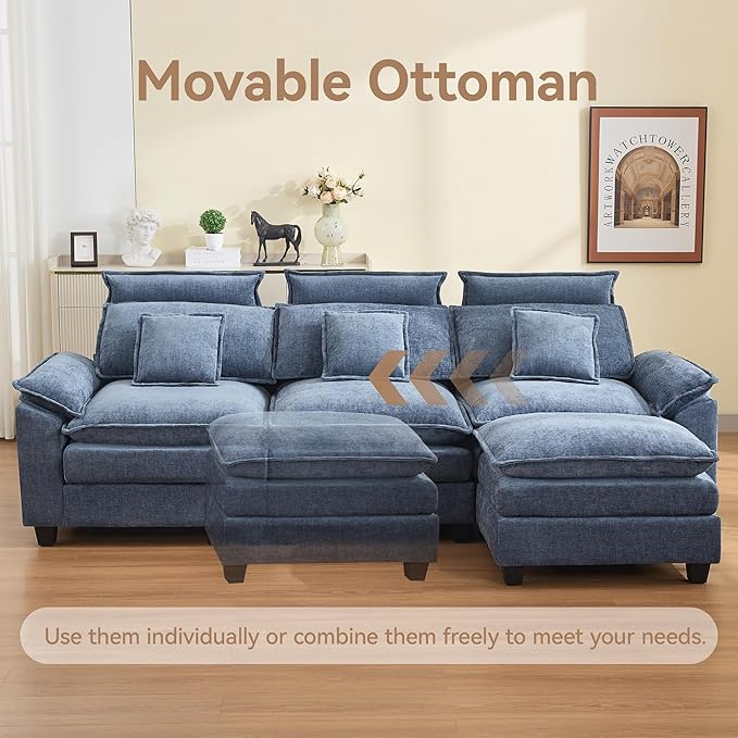 103'' Cloud Modern 3 Seater Couch with Detachable Headrest, Modular Sectional Sofa with Ottoman, Oversized L Shape Chenille Comfy Sofa with Armrests for Living Room, Blue