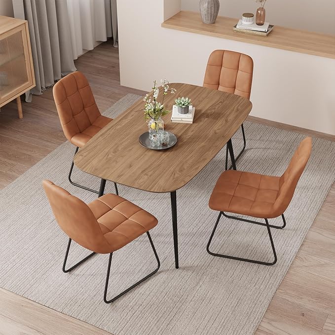 47.2'' Dining Table Set for 4,Modern Wood Dining Table,Leather Dining Chairs 4,Table and Chairs Set of 4,Ideal for Kitchen Dining Room (Walnut Color Table + 4 U-Shaped Brown Chairs, 47.2")