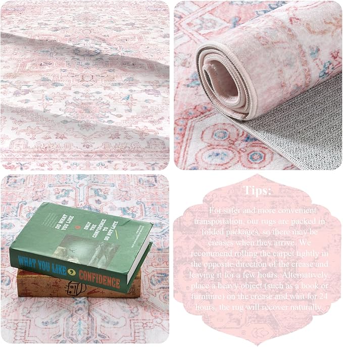 LIVEBOX Pink Washable Area Rug 5x7 - Large Vintage Tribal Living Room Non-Slip Indoor Carpet for Bedroom, Low-Pile Retro Print Distressed Accent for Nursery Dorm Home Decor