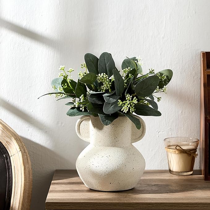 Antique Ceramic Vase with 2 Handles, 6.1 Inch Farmhouse Rustic Vase, Small Decorative Pottery Flower Vases for Home Decor, Wedding, Living Room, Table, Shelf Decor, Speckled White