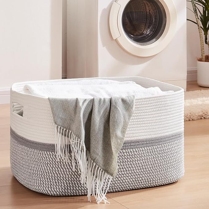 OIAHOMY Extr Large Toy Storage Basket, Rectangle Cotton Rope Storage Basket, Blanket Basket Living Room, Woven Baskets for Organizing, 25 x 16 x 16 Inches-Grey/White