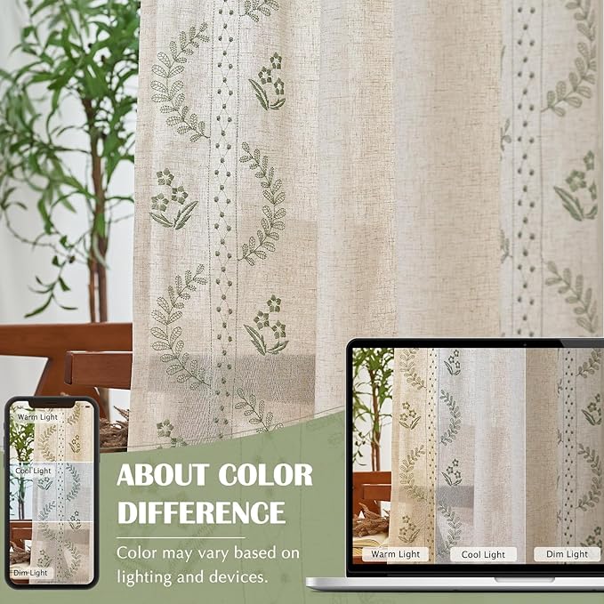 jinchan Belrose Linen Curtains for Bedroom Floral Curtains 84 Inch Length Linen Blend Sage Green Embroidered Drapes Farmhouse Flower Patterned Drapes for Living Room Window Treatments Set 2 Panels