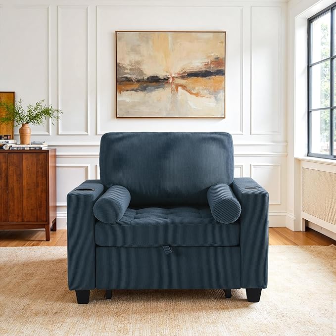 UIXE 3-in-1 Sleeper Chair Pull Out Sofa Bed, Convertible Reclining Seat Upholstered Armchair, Adjustable Backrest Recliner Chair with Side Pockets, Cup Holder & USB Ports - Navy Blue