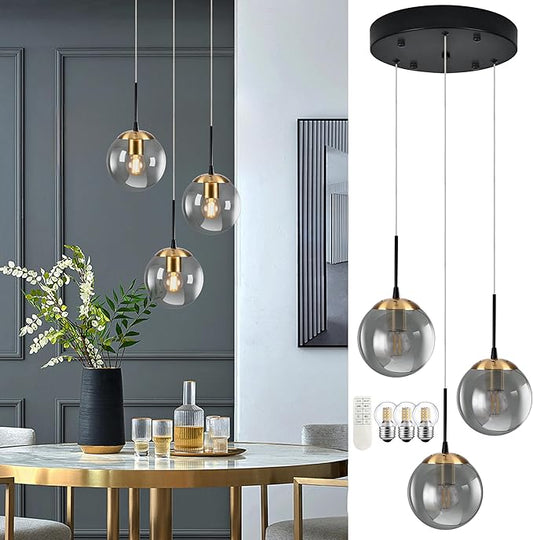 KoKo&Yukina Gold 3-Light Globe Pendant Light Modern Globe Chandelier Light Fixture Hanging Lights Adjustable with Grey Glass Pendant Lights Kitchen Island