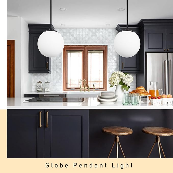 13.7" Globe Pendant Light 3-Light Black Milk Glass Pendant Light Mid Century Modern Light Fixture Globe Pendant Lights Kitchen Island Matte Black Finished with Milk Glass Lampshade for Bedroom