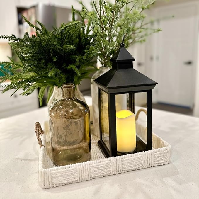 Lanterns Decorative Indoor, 14" Battery-Powered Waterproof Black LED Candle Lanterns with Timer for Patio & Outdoor, Vintage Hanging Lantern for Home & Wedding, Transparent