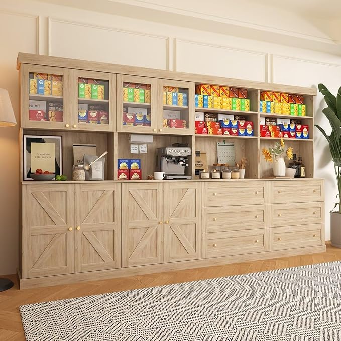 71" Brown Farmhouse Kitchen Pantry Cabinet Set of 4— Freestanding Coffee Bar with Glass Doors or Drawers, Microwave Stand, Large Storage Hutch with Adjustable Shelves for Kitchen, Living Room
