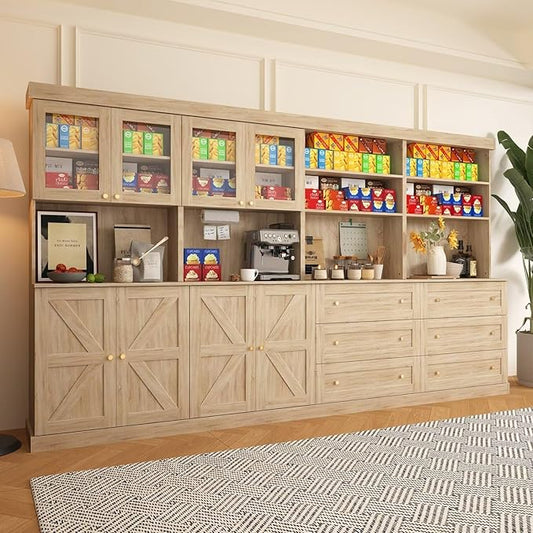 71" Brown Farmhouse Kitchen Pantry Cabinet Set of 4— Freestanding Coffee Bar with Glass Doors or Drawers, Microwave Stand, Large Storage Hutch with Adjustable Shelves for Kitchen, Living Room