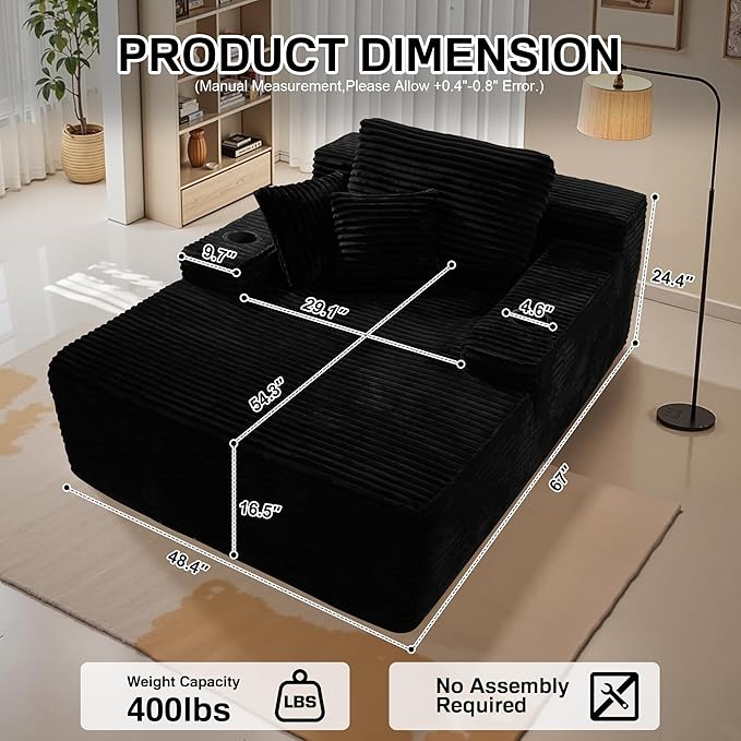 Chaise Lounge Chair Indoor, 67" Oversized Comfy Plush Fur Sleeper Sofa Bed with Cup Holders and Wide Armrests, Boneless Upholstered Recliner Bed, Modern Cloud Couch for Living Room, Black