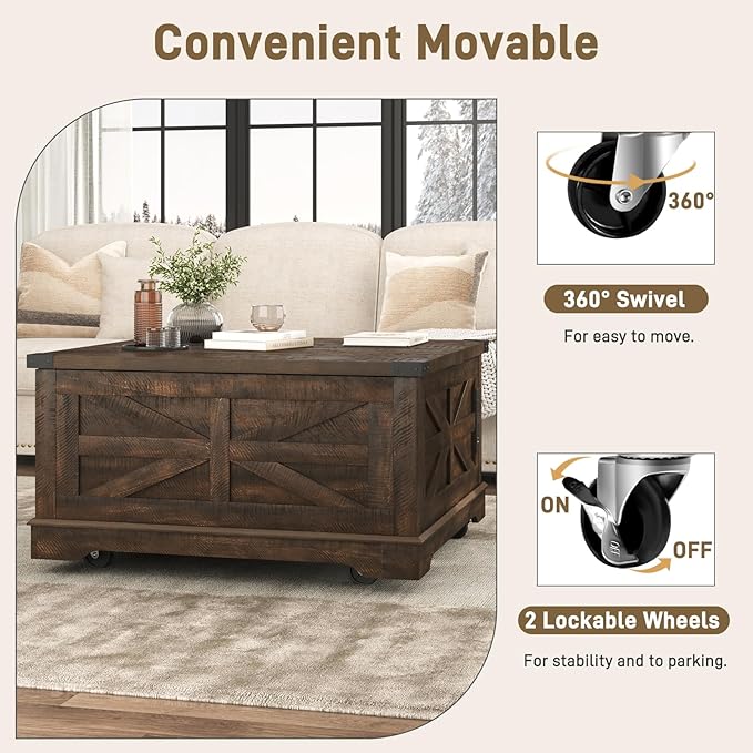 36" Farmhouse Movable Lift Top Coffee Table with Storage and Power Outlets, Square Wood Living Room Tables with Wheels&Large Hidden Space, Lift Wooden Barn Door Center Table, Brown